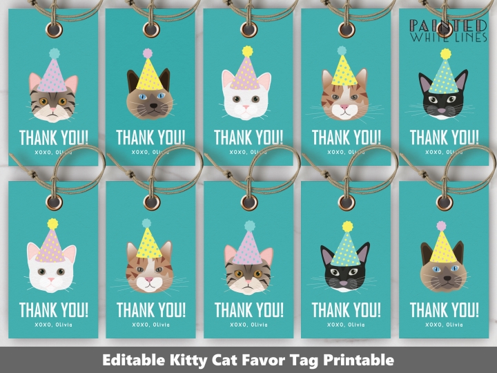 Cat Party Editable Favor Tags Template