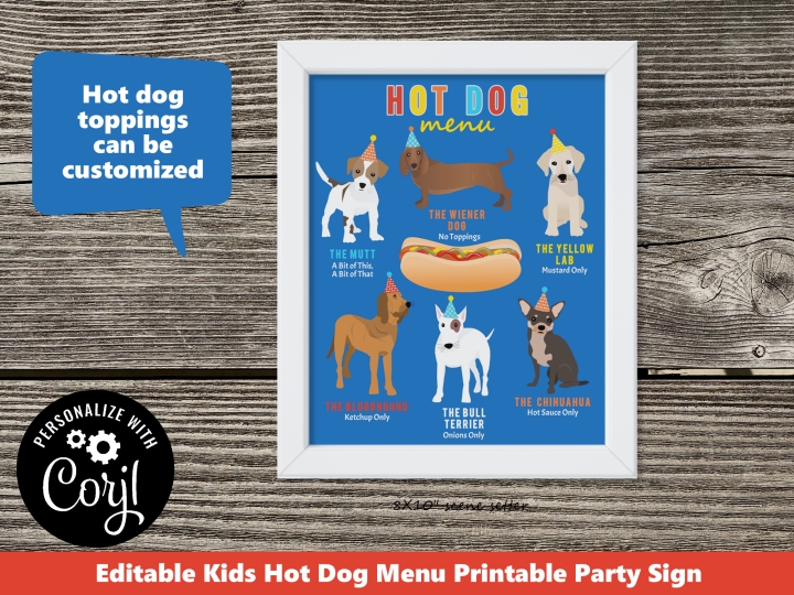 Printable Hot Dog Party Menu Sign Puppy