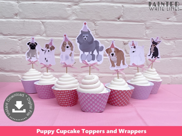 PRINTABLE PARTY SUPPLIES | Printable Puppy Party Cupcake Toppers Wrappers |  PAINTED WHITE LINES