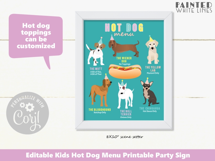 Printable Hot Dog Party Menu Sign Puppy