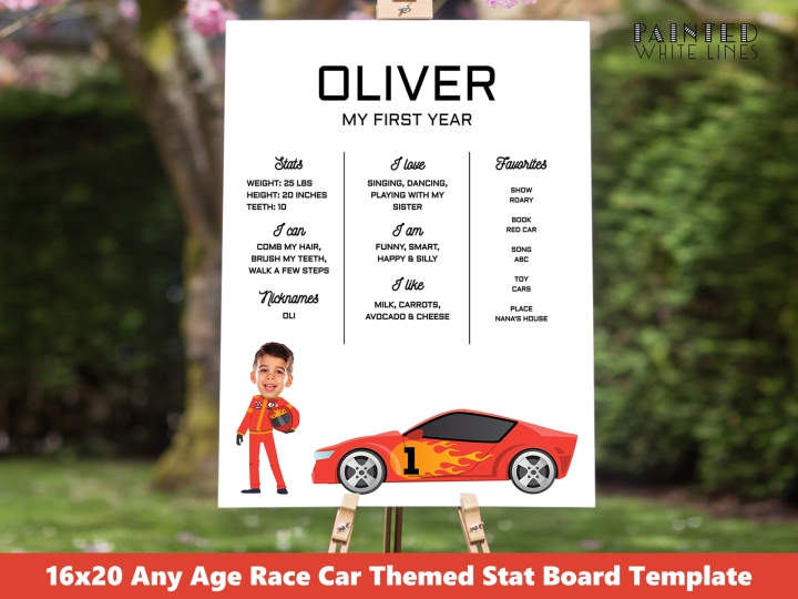 Photo Race Car Birthday Stats Board 