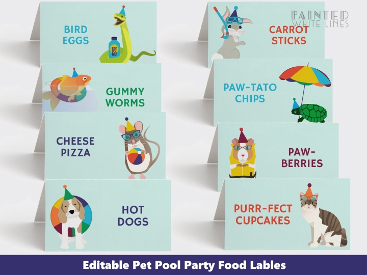 Pet Pool Party Food Labels Printable 